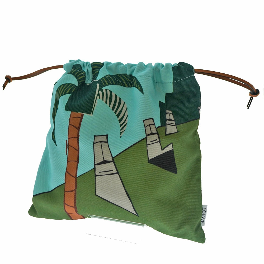 LOEWE Easter Island Drawstring Clutch Bag Palm Tree Moai Green Leather